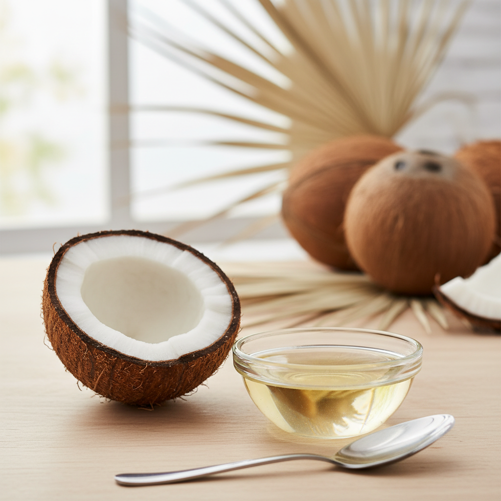 Coco abierto con aceite virgen al lado