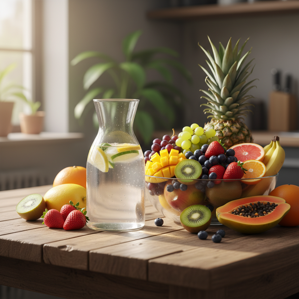 Frutas frescas y agua en una mesa de madera con luz natural