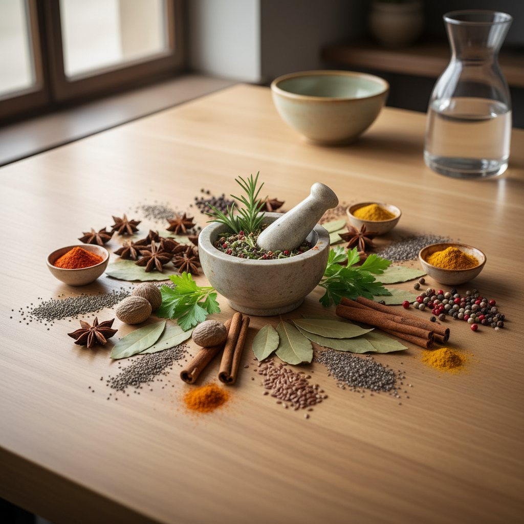 Hierbas aromáticas y especias dispuestas artísticamente