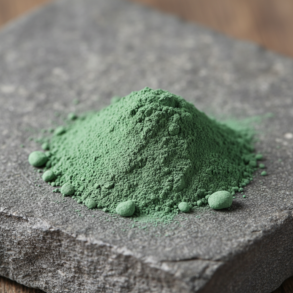 Arcilla verde en polvo sobre una superficie de piedra