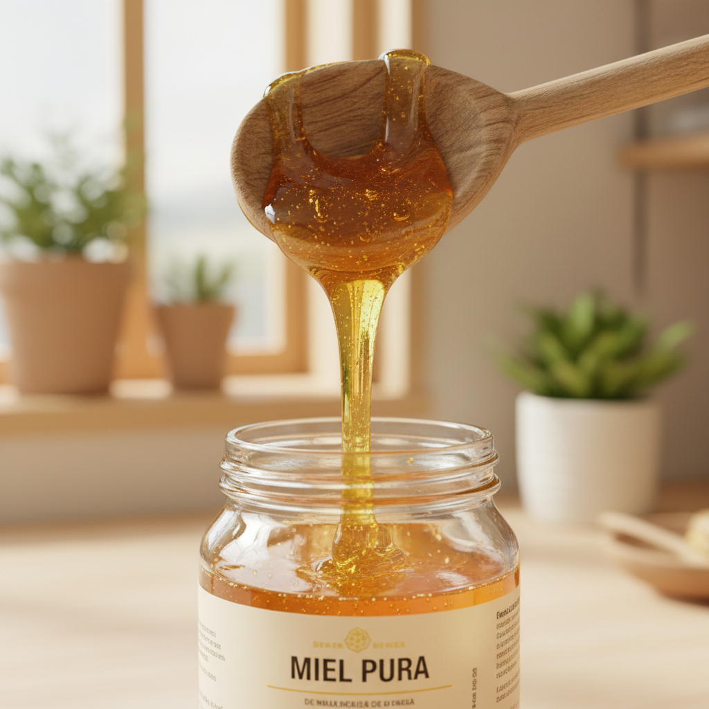 Miel pura goteando de una cuchara de madera