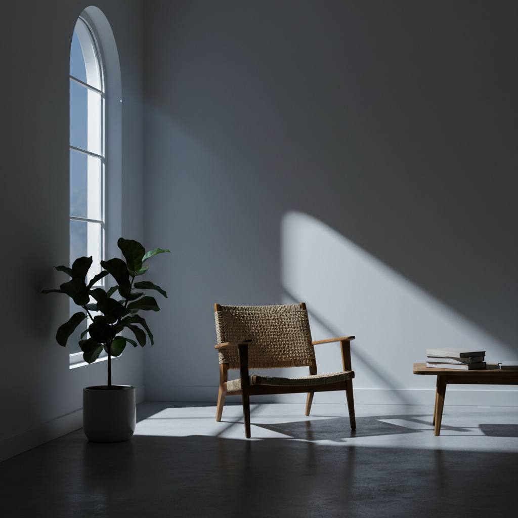 Luz de luna entrando por una ventana, creando sombras suaves en una habitación